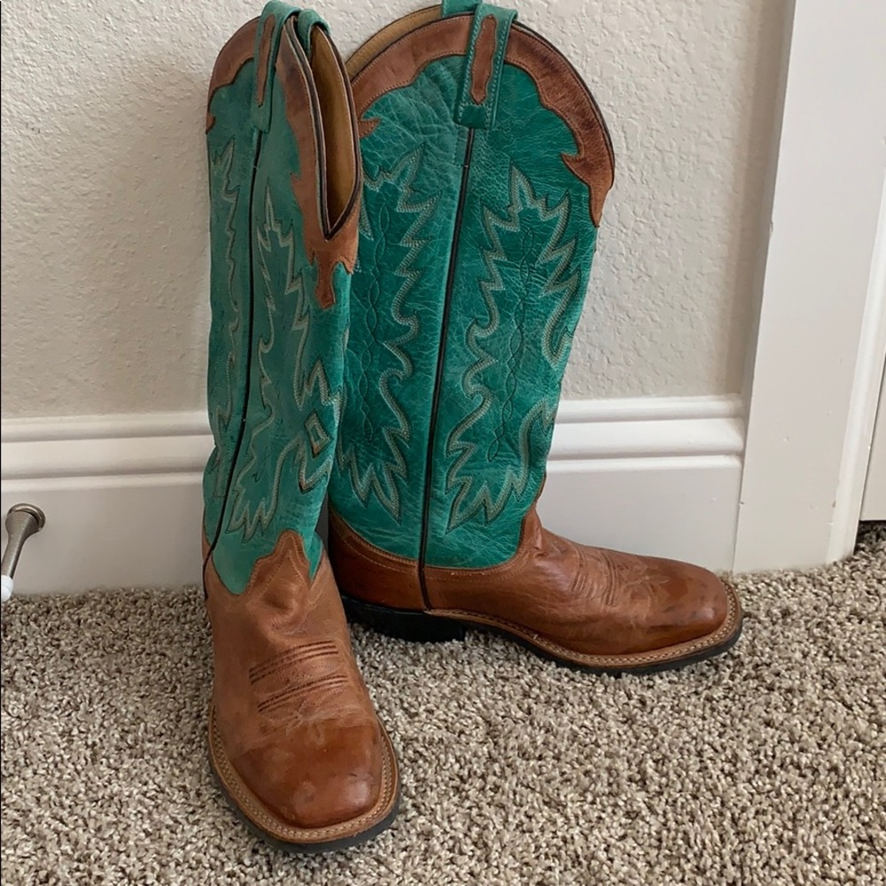 Old West leather brown turquoise boot Size 7